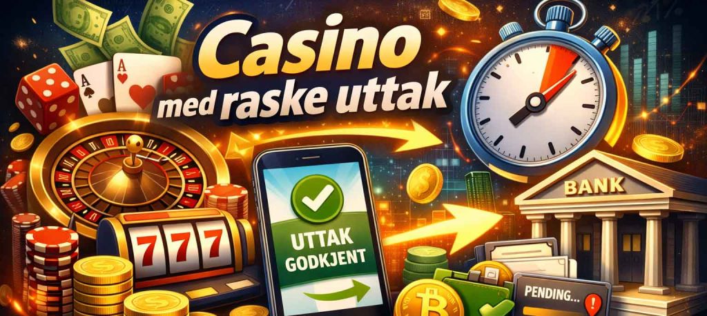 Illustrasjon av casino med raske uttak: roulettehjul, spillebrikke, mobil med ‘uttak godkjent’, stoppeklokke og bankbygning.